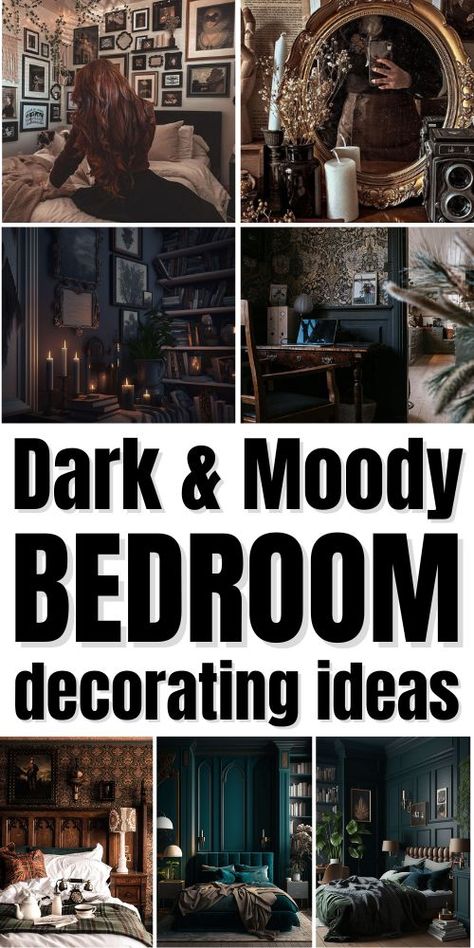 Dark Moody Aesthetic Bedroom, Dark Teal Gothic Bedroom, Diy Dark Decor Ideas, Victorian Moody Bedroom, Modern Gothic Bedroom Ideas, Victorian Styled Bedroom, Dark And Moody Green Bedroom, Renter Friendly Moody Bedroom, Dark Glam Home Decor