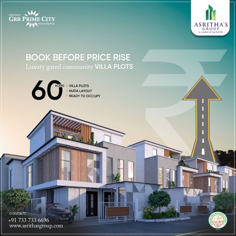 Invest now in Asritha's Grr Prime City's luxurious villa plots before the price rise! 🏡💰 Live in style, surrounded by nature's beauty. Don't miss out!📲 Visit: asrithasgroup.com 📲7337336696 #Asrithasgroup #GrrPrimeCity #DreamHome #LuxuryLiving #YourDreamAwaits #flats #2bhk #3bhk #Villaplots #Ads Villa Poster Design, Villa Creative Ads, Faq Design Layout Instagram, Real Estate Creative Ads, Property Ad, Luxurious Villa, Clothing Labels Design, Urban Design Plan, Real Estate Marketing Design