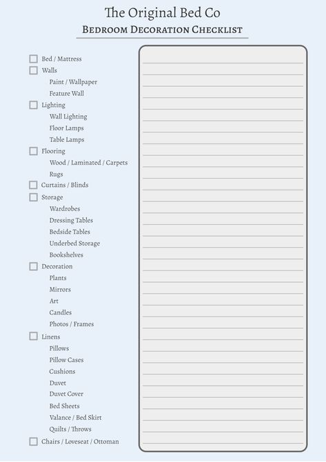 A checklist for when you're decoration a new bedroom or redecorating your old one.  We've included all the basics you'll need so that you can make sure you're not forgetting anything when you're designing your new bedroom. There's a large section to write notes and other bits and pieces to help you keep yourself organised! Bedroom Decor Checklist, New Bedroom Checklist, Bedroom Makeover Checklist, Room Makeover Checklist, Room Makeover List, Forrest Bedroom, Redecorating Bedroom, Redecorate Room, Bedroom Cleaning Checklist