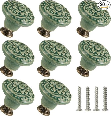 Zernmiarder Green Ceramic Knobs 20 Pack - Vintage Cabinet Knobs Retro Dresser Knobs - Flower Drawer Pulls with Screws for Closet Drawer Cupboard Cabinet and DIY Home Project - Amazon.com Vintage Dresser Knobs, Green Drawer Pulls, Retro Dresser, Closet Drawer, Green Dresser, Drawer Cupboard, Cupboard Cabinet, Pinterest Contest, Vintage Cabinet