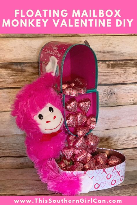 Make this cute Dollar Tree floating mailbox monkey Valentine decoration using my easy tutorial! Dollar Tree Mailbox Diy, Dollar Tree Valentines Diy Ideas For Him, Diy Dollar Tree Valentines Gifts, Valentine Dollar Tree Diy, Valentines Day Dollar Tree Diy, Dollar Tree Crafts Valentines, Dollar Tree Valentine Crafts, Valentines Day Gift Baskets, Dollar Tree Valentines Diy Ideas