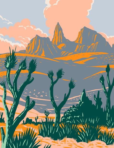 Castle Mountains National Monument located in the Mojave Desert and San Bernardino County California WPA Poster Art Desert Illustration, Wpa Posters, San Bernardino County, Mojave Desert, Tree Canvas, San Bernardino, National Monuments, Joshua Tree, Album Art