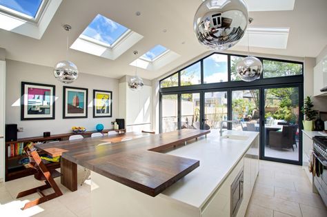 Landmark Lofts share their top 5 techniques to make your small room appear bigger transforming it into a space you'll want to throw a medium-sized party in Kitchen Extension Lighting, Kitchen Diner Extension, House Extension Plans, Room Extensions, Roof Extension, Open Plan Kitchen Living Room, House Extension Design, Loft House, Sunrooms