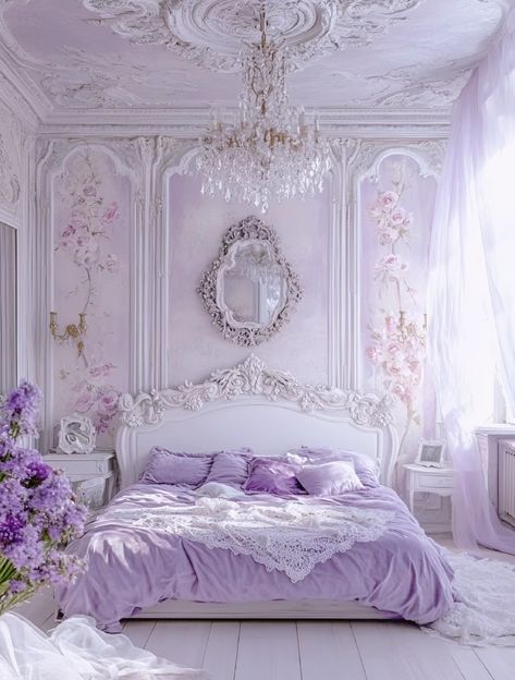 Light Purple Room Aesthetic, Bedroom Ideas Lavender, Marie Antoinette Room, Purple Princess Bedroom Ideas, Purple Princess Room, Pink Palates Princess Room, Light Purple Room, Princess Room Purple, Lavender Bedroom Decor