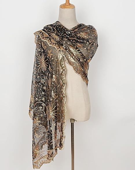 L'VOW Women's Glittering 1920s Scarf Mesh Sequin Wedding Cape Fringed Evening Shawl Wrap(S4-Black&Gold) at Amazon Women’s Clothing store 1920s Scarf, Evening Shawls, Sequin Wedding, Wedding Cape, Fringe Scarf, Shawl Wrap, Amazon Women, Clothing Store, Shawl