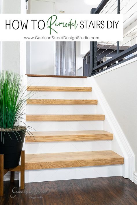 How to Remodel Stairs DIY Chunky Stair Treads, Two Tone Stairs, Interior Steps Ideas, Diy Stair Treads, Diy Stairs Makeover Cheap, Basement Steps Ideas, How To Make Stairs, Carpet On Stairs, Refinish Stairs