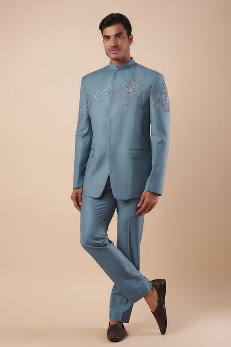 Light blue Jodhpuri bandhgala with placement floral pattern, tonal thread and zari embroidery. Paired with straight fit pant. - Aza Fashions Bandh Gala Men, Zari Embroidery, Straight Fit Pants, Suiting Fabric, Zari Work, Aza Fashion, Floral Pattern, Light Blue, Thread