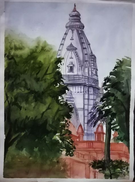 Kashi Vishwanath Temple Painting, Temple Landscape Painting, Kashi Vishwanath, Paintings Nature, Soft Board, Temple Drawing, Hindu Religion, Sky Art Painting, Watercolor Paintings Nature