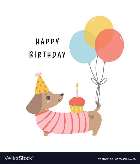 Cartoon Hand Drawing, Arte Dachshund, Dachshund Birthday, Dachshund Illustration, Small Frames, Birthday Card Drawing, Hat Vector, Dog Birthday Card, Diy Gifts For Friends