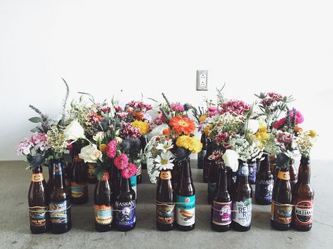 60 craft beer bottle centerpieces arranged into groups of 3 and ready for boxing up for delivery! @foxglove_losangeles Beer Centerpieces, Beer Bottle Centerpieces, Beer Themed Wedding, Beer Wedding, Bottle Centerpieces, Brewery Wedding, Beer Theme, Bridal Shower Theme, Diy Garden Decor