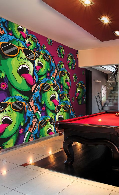 Transform your games room with this striking wallpaper mural. Featuring a graphic graffiti pattern, this amazing wallpaper mural by illustrator, Twisted Pixels is sure to add character to your games room. Prices shown are per square foot. Visit Wallsauce.com for more designs Striking Wallpaper, Graphic Graffiti, Hippie Bedroom Decor, Graffiti Pattern, Amazing Wallpaper, Classical House, Guided Art, Video Game Rooms, Graffiti Murals