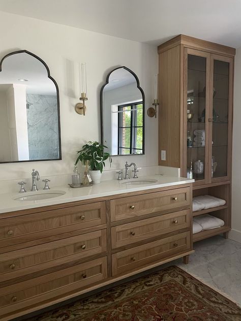 Bathroom Decor With Wooden Cabinets, Natural Colored Bathroom, Double Sink Bathroom Vanity Natural Wood, Built In Bathroom Linen Closet, 2 Separate Vanity Master Bath, Back To Back Bathroom Sinks, Armoire Towel Storage, Wood And White Master Bath, Master Bath Natural Wood