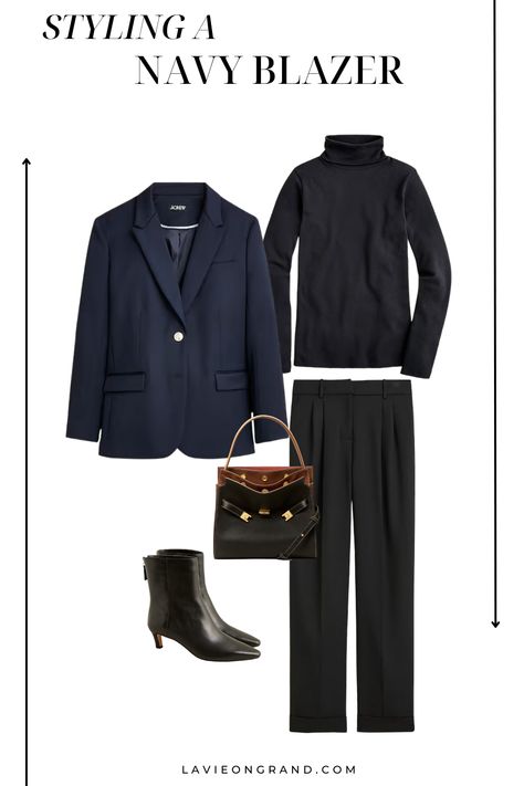 8 outfit combinations styling a navy blazer. Look timeless and classic for any season. Dark Navy Blazer Women, Navy Blazer Grey Pants Outfit Women, Styling Navy Blue Blazer Women, Navy Blue Blazer Outfit Women Winter, Women’s Navy Blazer Outfit, Styling A Navy Blazer, Navy Blazer Black Pants Outfit Women, What To Wear With A Navy Blazer, Navy Velvet Blazer Outfit Women