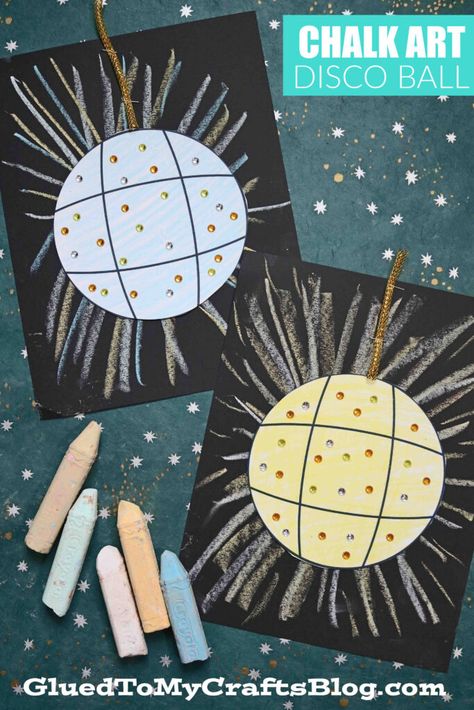 Chalk Art Disco Ball - New Year's Eve Kids Craft Idea - Glued To My Crafts Dancing Crafts For Preschoolers, Disco Ball Craft Preschool, Decades Themed Crafts, Decades Activities For Kids, Decades Crafts For Kids, Rockstar Crafts For Kids, Happy New Year Activities For Preschool, Disco Activities For Kids, Retro Crafts For Kids