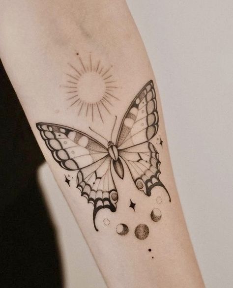 Snake And Butterfly Tattoos For Women, Sun With Butterfly Tattoo, July Butterfly Tattoo, Butterfly Celestial Tattoo, Sun And Moon Butterfly Tattoo, Art Nouveau Butterfly Tattoo, Moth And Butterfly Matching Tattoos, Butterfly Tattoo Inspiration, Mystical Butterfly Tattoo