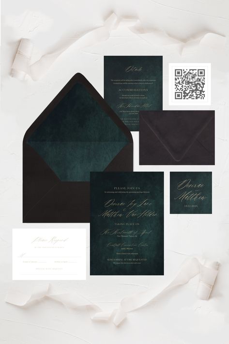 Thank you so much for choosing The Painted Papier for your wedding invitations! This emerald design with dark green elements from our Juliet collection is a perfect opening statement piece for your wedding. At The Painted Papier, our goal is to pair you with the perfect wedding design for your aesthetic and help you carry it through the whole of your wedding timeline. We can match you with coordinating items from your save the dates all the way to your wedding thank you cards. Black And Emerald Wedding Invitations, Dark Aesthetic Wedding Invitations, Emerald And Gray Wedding, Emerald Green Wedding Invites, Black And Green Wedding Invitations, Dark Wedding Invites, Moody Wedding Invites, Moody Wedding Inspiration, Dark Romantic Wedding Invitations