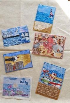 Artist Postcards, Quilt Postcards, Postcard Quilts, Quilted Postcards, Patchwork Cards, Landscape Art Quilts, Art Quilting, Creeper Minecraft, Licence Plate