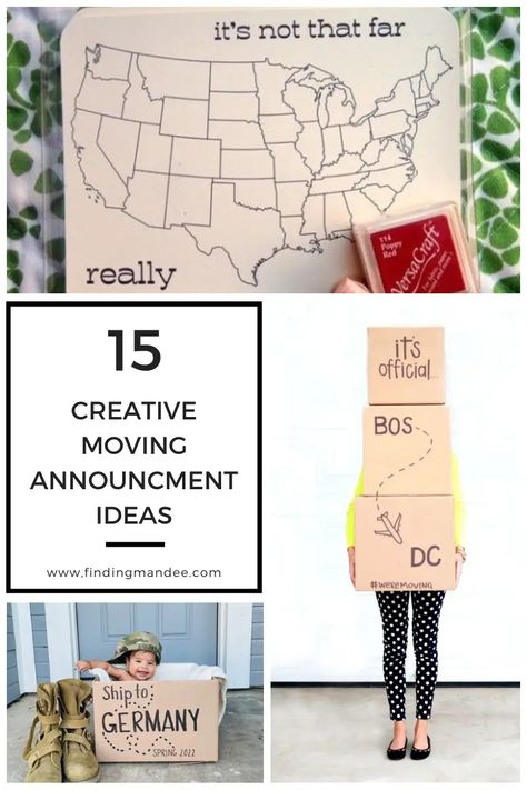 15 Moving Announcement Ideas - finding mandee We Moved Announcement Picture, Pcs Announcement Ideas, Moving Abroad Announcement, We Are Moving Announcement Photo, Moving Announcement Ideas, Moving Announcement Photo, Change Of Address Cards, Military Move, Moving Photos