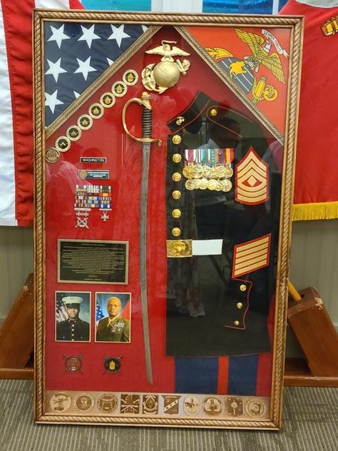 Marine Corps Shadow Box Ideas Dress Blues, Marine Corps Artwork, Airforce Retirement Gift Ideas, Marine Corps Retirement Gift, Usmc Shadow Box Ideas, Usmc Plaque Ideas, Marine Shadow Box Ideas, Marine Retirement Party Ideas, Marine Retirement Party