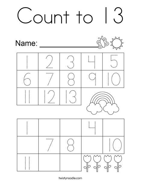 Count to 13 Coloring Page - Twisty Noodle Number 13 Worksheets For Preschool, Number 13 Worksheet For Preschool, Number 13 Worksheet, Number Tracing Worksheets, Number Worksheets Kindergarten, Pre K Worksheets, Preschool Number Worksheets, Tracing Numbers, Twisty Noodle