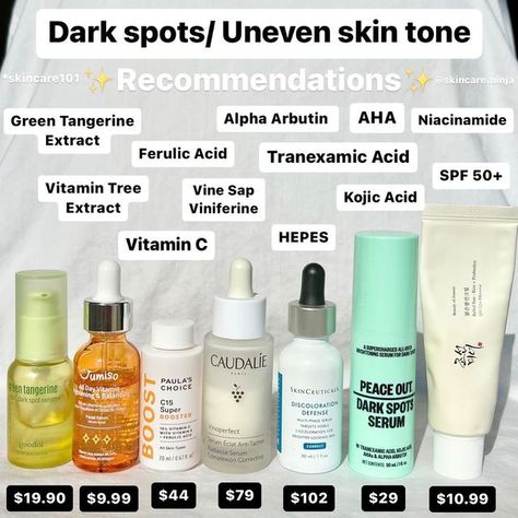 🐼 Kin W (Jay) 🇺🇸 on Instagram: "Have you tried any of these? Dark spots/ hyperpigmentation is a complex skin issue. It takes a long time to even skin tone. It took me a complicated skincare routine & 6 months to completely fade my acne marks & dark spots & PIE & PIH in 2018. These are some skincare ingredients & products I recommend for dark spots & hyperpigmentation. POV: how you build your routine>>> a single product. Be REALISTIC about your skin goals & don’t expect cosmetic products to er Best Skin Care Products For Hyperpigmentation, Oily Skin Care Routine Hyperpigmentation, Fading Dark Spots On Skin, How To Fade Dark Spots On Skin, Products To Even Skin Tone, Skin Care Routine For Dark Spots, Even Tone Skin Products, Skincare For Even Skin Tone, Dark Spot Products