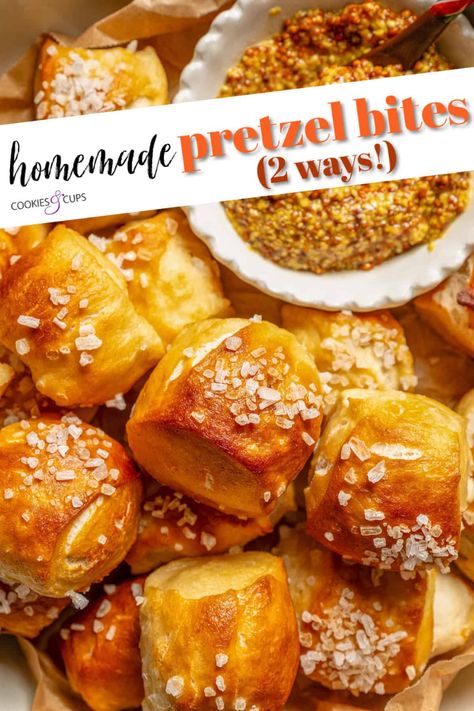 With just a few ingredients, make easy soft pretzel bites that are golden, chewy, and delicious topped with salt or rolled in cinnamon sugar! Easy Soft Pretzel Bites, Homemade Pretzel Bites, Homemade Soft Pretzel Bites, Pretzel Nuggets, Pretzel Bites Recipe, Cinnamon Pretzels, Homemade Pretzel, Soft Pretzel Bites, Pretzel Bites Recipes