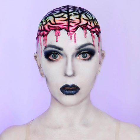 Katie Cole on Instagram: “What I wish my brain looked like 🤪 brand new look for you on this beautiful Saturday! Also my first time ever trying a bald cap!! PRODUCTS:…” Bald Makeup Looks, Brain Makeup, Bald Cap Makeup, Brain Painting, Makeup 2024, Bald Cap, Beautiful Saturday, Inspo Makeup, Bald Women