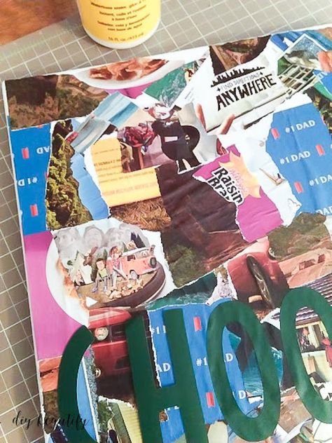 Canvas with torn magazine pieces | diy beautify Diy Canvas Collage, Magazine Ideas, Old Magazine, Canvas Collage, Magazine Pictures, Diy Magazine, Old Magazines, Vinyl Crafts, Diy Canvas