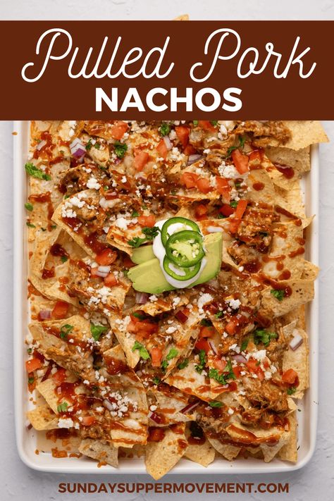 Pulled pork nachos is the best nachos recipe EVER! Our Oven Roasted Pulled Pork Nachos Recipe is full of flavor from slow cooker pulled pork, shredded cheese, veggies, and sour cream drizzle. #SundaySupper #nachosrecipe #nachorecipe #nachos #pulledporknachos #easyrecipes #dinners #gameday via @thesundaysupper Shredded Pork Nachos, Pork Nachos Pulled, Pulled Pork Nachos Loaded, Bbq Nachos Recipe Pulled Pork, Bbq Nachos Recipe, Best Nachos Recipe, Baked Pulled Pork, Roasted Pulled Pork, Pulled Pork Nachos Recipe