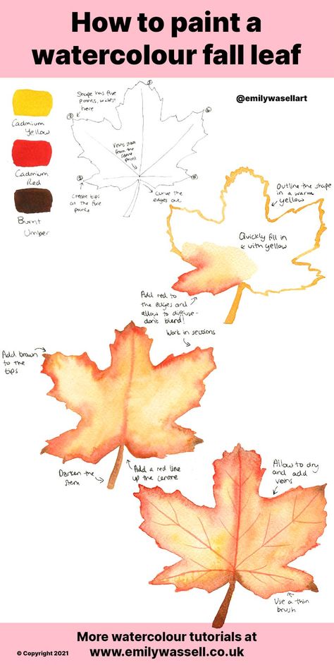 Watercolour Fall Leaves, Autumn Art Painting Watercolour, Watercolor Fall Leaves Tutorial, Watercolour Autumn Leaves, Autumn Leaf Illustration, Simple Fall Watercolor Paintings, Autumn Leaf Drawing, Autumn Watercolor Paintings, Autumn Watercolour