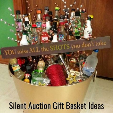 Silent auction gift basket ideas and raffle basket ideas for fundraisers and schools fundraising evens. Unique and creative silent auction gift basket ideas Silent Auction Gift Basket Ideas, Raffle Gift Basket Ideas, Alcohol Gift Baskets, Liquor Gift Baskets, Silent Auction Basket, Basket Raffle, Auction Gift Basket Ideas, Tricky Tray, Fundraiser Raffle