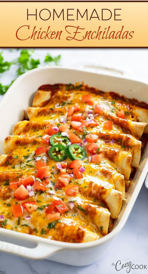 chicken enchiladas in a casserole dish Chicken For Mexican Dishes, Cozy Cook Chicken Enchiladas, Mexican Foods Easy, Red Chili Chicken Enchiladas, Mexican Enchiladas Recipe, Dinner Ideas Enchiladas, Easy Mexican For A Crowd, Enchilada Party Ideas, Enchilada Recipes Chicken