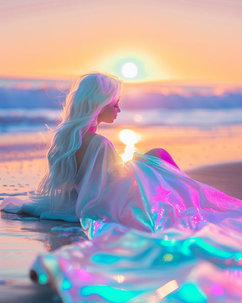 Iridescent Dreams ✨💖 As the sun dipped below the horizon, the Moonlit Maidens wandered along the shore, their long white hair flowing in the breeze and iridescent dresses catching the last rays of light 🌅✨ Care to join the Moonlit Maidens for a sunset spectacle? Happy Weekend 🥂 Love, Marloes #sprinkleofai #iridescent #iridescence #shimmer #holographic #pastel #mermaid #beachvibes #sunset Hair Flowing, Pastel Mermaid, Holographic Wallpapers, Long White Hair, Mermaid Cove, Celtic Goddess, Pink Wallpaper Backgrounds, Rays Of Light, Hair Flow