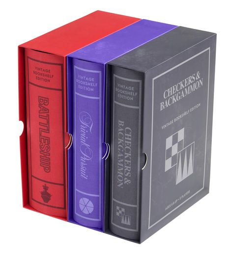 PRICES MAY VARY. Battleship, Checkers and Backgammon, and Trivial Pursuit Vintage Board Game Bookshelf Collection - Three Classic Board Games in One Elegant Collection Elegant Bookshelf Design - Each game box is a fabric-wrapped book with integrated storage and measures 10.6 x 8.4 x 2.6 inches and weighs about 2 pounds (Battleship is 3.4 inches wide and weighs about 3 pounds) Games Feature Vintage Graphic Designs Inspired by Classic Editions Battleship is for 2 Players Ages 7+, Checkers and Back Board Game Books, Book Board Game, Game Bookshelf, Bookshelf Collection, Elegant Bookshelf, Custom Board Games, Vintage Board Game, Apartment Things, Integrated Storage