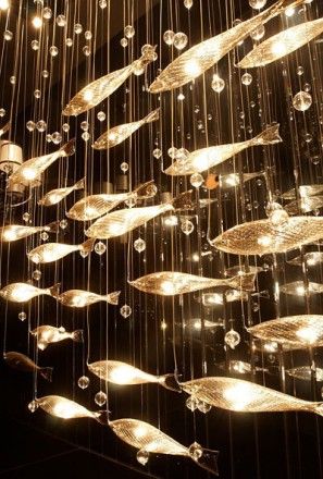 Flock of fish.. Fish Lights, Light Fish, Farmhouse Style Lighting, House Lighting Fixtures, Deco Marine, School House Lighting, Fish Lamp, Large Chandelier, Lighting Design Interior