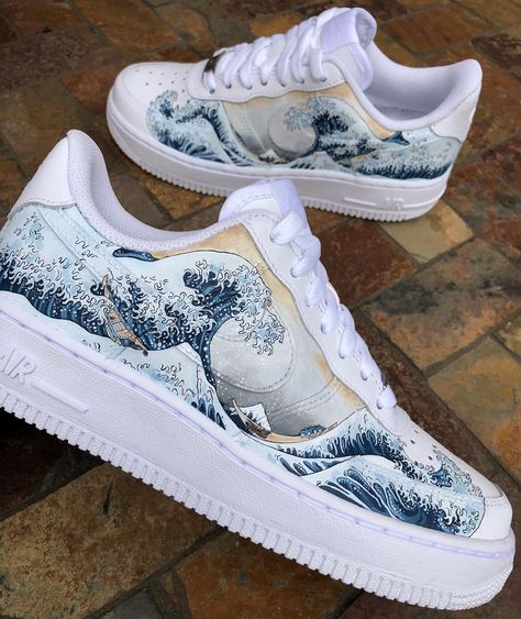 @customsbyleanne on Instagram: “The Great Wave redesigned, painted and shipped off to Australia 🌊 - So overwhelming to think that the shoes I design and paint at my little…” Air Force One Shoes, Painted Shoes Diy, Custom Sneakers Diy, Custom Painted Shoes, Custom Shoes Diy, Nike Shoes Air Force, Painted Sneakers, Custom Nike Shoes, Personalized Shoes