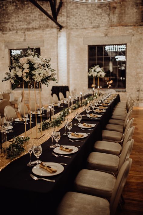 Gold sparkly table runner and black linen. Photo by www.alyssadphotography.com Black Table Cloth With Rose Gold Runner, Black Tablecloth Gold Runner, Black And Gold Long Table Decor, 30 Birthday Black And Gold, Black Gold Table Decorations, Black And Gold Table Runner, Table Decorations 21st Birthday, Gold And Black Table Decorations, Black White And Gold Dinner Party