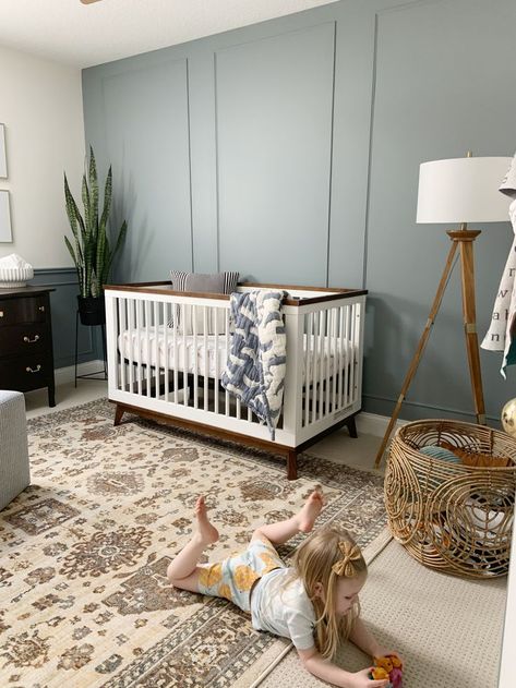 Gender Neutral Nursery With Accent Wall, Teal Accent Wall Nursery, Nursery Room Accent Wall Ideas, Nursery Accent Wall Neutral Paint, Neutral Nursery With Blue Accents, Trim Accent Wall Nursery, Gender Neutral Accent Wall Nursery, Accent Wall Baby Boy Nursery, Boy Nursery Wallpaper Accent Wall