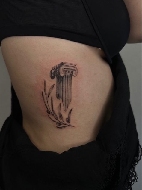 Tattoo Ideas Historical, Roman Temple Tattoo, Greek Collums Tattoo, Roman Head Tattoo, Simple Greece Tattoo, Greek Key Tattoo Women, Ancient Roman Tattoo Ideas, Greek Back Tattoo Women, Greek Inspired Tattoos For Women