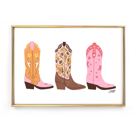 Country Astetic, Cowboy Boots Decor, Cowboy Boot Illustration, Cowboy Boots Illustration, Watercolour Projects, Texas Illustration, Boots Illustration, Cowboy Store, Bright Palette