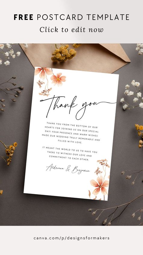 Warm Watercolor Flowers Calligraphy Wedding Thank You Card - Canva Template Free Canva Pro, Postcard Template Free, Thank You Poster, Couples Monogram, Etsy Branding, Wedding Logo Design, Elegant Calligraphy, Wedding Branding, Etsy Ideas