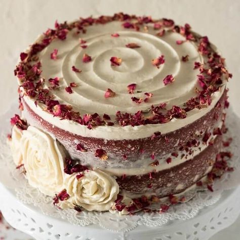 This Red Velvet Cake Recipe is a tall, dramatic, 2-tiered cake recipe that uses red cocoa, espresso powder, and is topped with a delicious cream cheese frosting. This cake is festive, attractive and perfect for year-round celebrations, birthdays and gatherings! #redvelvet #cake #recipe #creamcheese #frosting #roses #rosecake #nakedcake Red Velvet Cake Decoration, Vegan Red Velvet Cake, Red Velvet Cake Roll, Red Velvet Cheesecake Cake, Red Velvet Birthday Cake, Red Velvet Bundt Cake, Red Velvet Cheesecake Brownies, Red Velvet Desserts, Cheesecake Cake Recipes