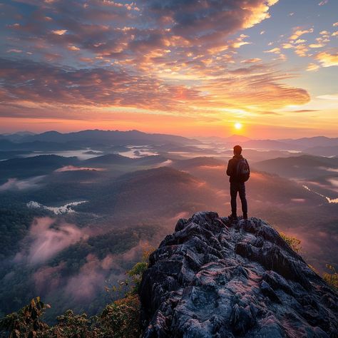 #Sunrise #Mountain #Silhouette: A lone #adventurer stands atop a mountain peak, witnessing the breathtaking #sunrise over misty valleys. #sunrise #mountain #silhouette #adventure #nature #aiart #aiphoto #stockcake ⬇️ Download and 📝 Prompt 👉 https://stockcake.com/i/sunrise-mountain-silhouette_607799_1103148 Mountain View Aesthetic, Sunrise On Mountains, Sunrise Mountain Photography, Mountain Range Silhouette, Sunrise In The Mountains, Sunrise Hike, Dragon Painting, Sunrise Mountain, Sunrise Behind Mountains