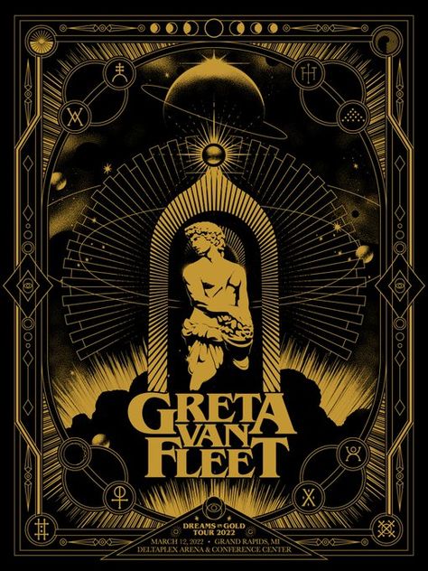 Greta Van Fleet Artwork, Greta Van Fleet, Gold Poster, Dorm Posters, Picture Collage Wall, Beating Heart, Tour Posters, Poster Ideas, Art Wallpaper Iphone