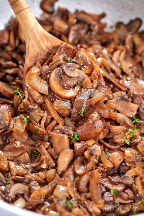 Learn how to make rich, savory sautéed mushrooms and onions with just a few simple ingredients! Cooked to perfection with garlic, fresh thyme, honey, and balsamic vinegar, this easy dish brings a flavorful twist to any meal. Perfect as a side or topping, these caramelized mushrooms and onions will surely be a hit! Sautéed Mushrooms And Onions For Steak, Mushroom Onion Steak Topping, Sautéed Onions And Mushrooms, Mushroom And Onions For Steak, Mushrooms And Onions For Steak, Sauteed Mushrooms And Onions, Steak Toppings, Caramelized Mushrooms, Balsamic Mushrooms