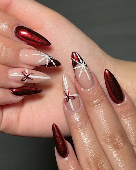 2. Metallic Red with Snowy Accents Almond Shape Xmas Nails, Christmas Nail Inspo Almond Shape, Red Nails For Holidays, Winter Nails Red And Gold, Holiday Almond Nails Christmas, Elegant Nails For Christmas, Christmas Nails Designs Holiday, Subtle Christmas Nails Almond, Christmas Nail Almond