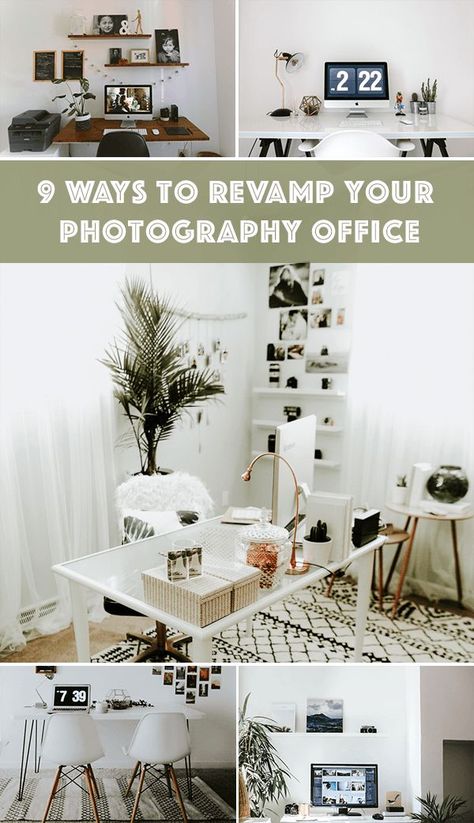 Revamp Your Office With These 9 Ideas For Decorating Your Photography Workspace | Junebug Weddings Photography Office Ideas Studio Setup, Photographer Office Ideas, Photography Office Ideas, Photographer Workspace, Photography Workspace, Photographers Office, Photography Home Office, Photography Room, Workspace Decor