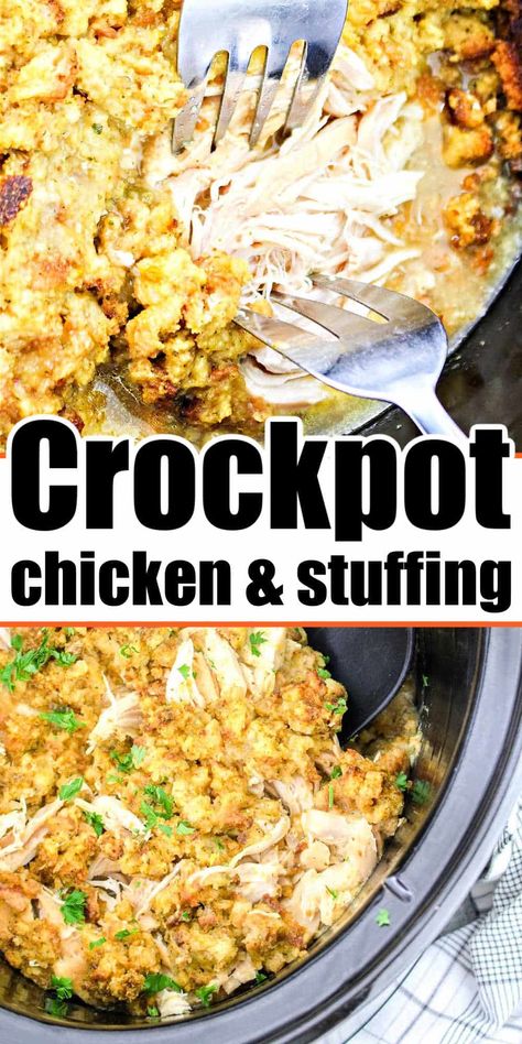 Chicken and stuffing Crockpot recipe. Breasts with Stove Top cooked together in a slow cooker to shredded, tender and delicious for dinner. Stuffing Crockpot, Crockpot Chicken And Stuffing, Boneless Skinless Chicken Breast Recipes, Skinless Chicken Breast Recipes, Stove Top Stuffing, Chicken Stuffing Casserole, Chicken And Stuffing, Chicken Stuffing, Chicken Crockpot Recipes Easy