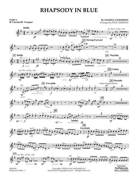 Download George Gershwin Rhapsody in Blue (arr. Paul Murtha) - Pt.1 - Bb Clarinet/Bb Trumpet sheet music notes that was written for Concert Band: Flex-Band and includes 2 page(s). Printable Jazz PDF score is easy to learn to play. Learn more about the conductor of the song and Concert Band: Flex-Band music notes score you can easily download and has been arranged for. The number (SKU) in the catalogue is Jazz and code 438107. The CBFLEX George Gershwin sheet music Minimum required purchase quant Clarinet Notes, Trumpet Notes, Bb Clarinet Sheet Music, Sheet Music With Letters, Shawn Mendes Songs, George Gershwin, Jazz Trumpet, Trumpet Sheet Music, Trumpet Music