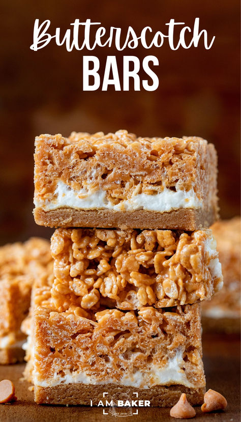 three bars are in a stack on a wooden countertop Butterscotch Rice Krispie Cookies, Bars Made With Rice Krispies, Rice Crispy Fall Treats, Toffee Rice Krispie Treats, Different Flavor Rice Crispy Treats, Layered Dessert Bars, Butterscotch Dessert Recipes, Rice Crispy Treats Peanut Butter, Fancy Rice Crispy Treats